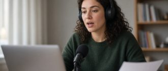 Женщина в наушниках читает текст в микрофон, экран ноутбука размыт